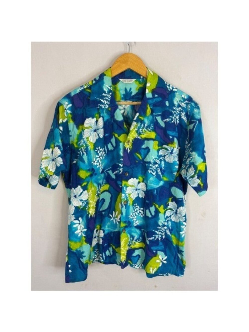Vintage Made in Hawaii Blue Floral Brushed Acrylic Camp Shirt Mens XL